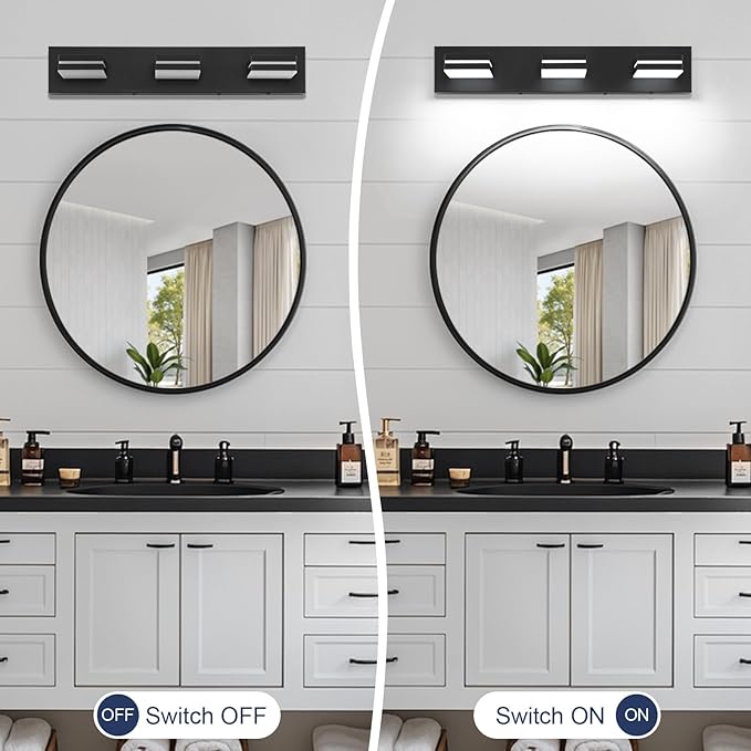 Bathroom Vanity Lighting Fixtures Over Mirror (3-Light, 24-Inch) Dimmable Modern LED Bathroom Wall Lighting Fixtures, Matte Black (3000K/3500K/4000K/5000K/6000K)