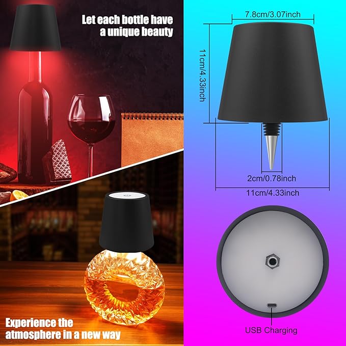 Wireless Bottle Lamp with Remote Control, Rechargeable RGB Wine Bottle with 3Modes Light Dimming, Waterproof Touch Lamp Head for Room, Bar, Restaurant and Party Decorations(Black RGB)
