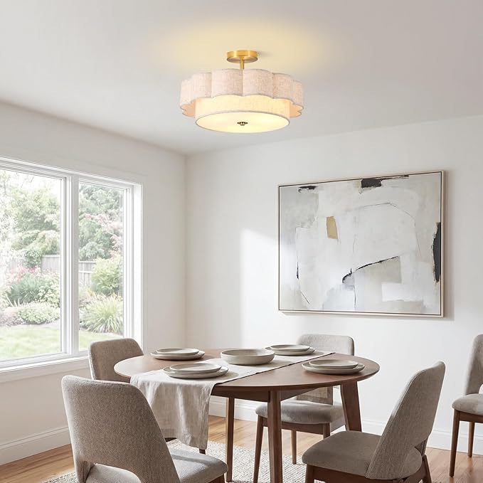 17.7" Modern Drum Semi Flush Mount Ceiling Light,3-Lights White Drum Ceiling Lighting Fixture,Vintage 2-Layer Linen Ceiling Lamp for Dining Room,Kitchen, Basement, Bedroom, Laundry Room