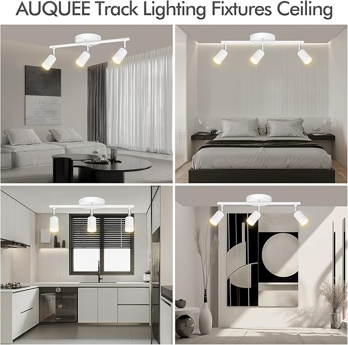 AUQUEE 3 Light Track Lighting Fixtures Ceiling, 12W/2700K White Track Lighting with Acrylic Lampshade & Rotatable Light Heads, 20000hrs Lifespan, Modern LED Track Lights Ceiling for Kitchen/Hallyway