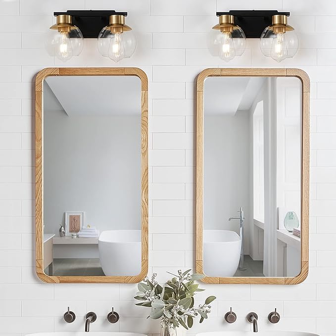 PAZALA 2 Light Vanity Lights, Black Gold Bathroom Wall Sconce Light with Globe Glass Shade, Bathroom Light Fixture Over Mirror for Bedroom, Living Room, Hallway (E26 Base)