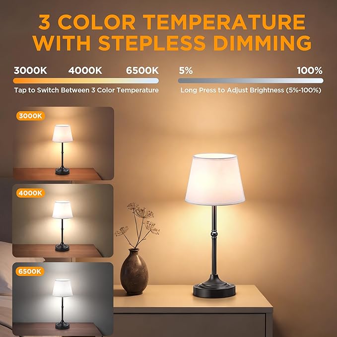 LUTEC Cordless Table Lamp, Battery Operated Lamp with 3 Color Temps and Stepless Dimming, 5200mAh Portable Rechargeable Table Lamp for Restaurant/Bedroom/Bars/Outdoor (Black)