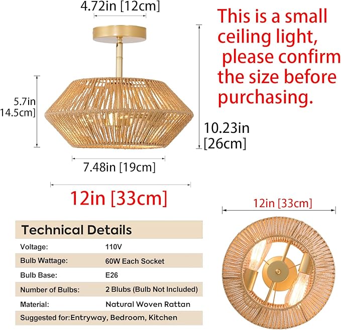 2-Lights Woven Rattan Ceiling Light Fixture, Beige Farmhouse Hand-Woven Cage Semi Flush Mount Light, Small Boho Coastal Basket Close to Ceiling Light for Bedroom Hallway Nursery Entryway