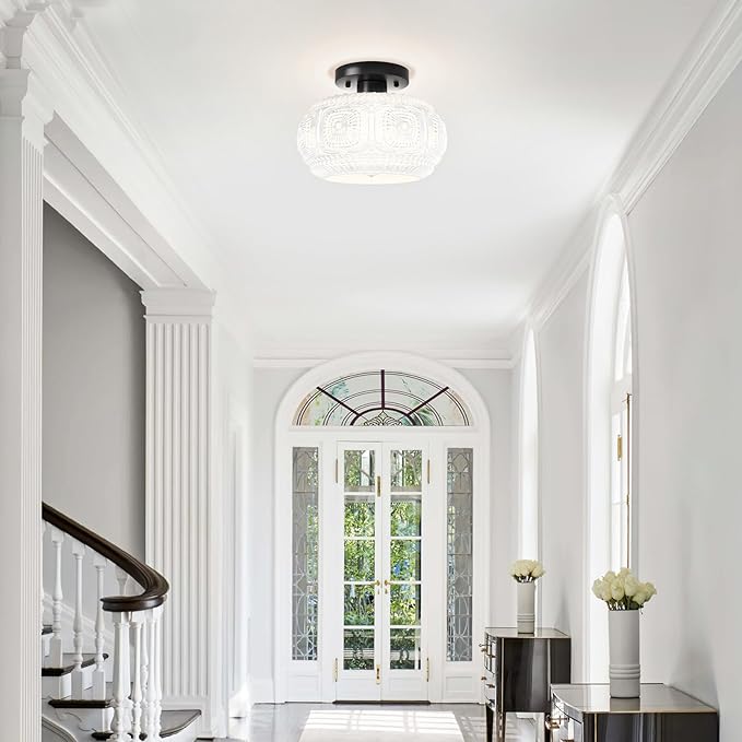 Semi Flush Mount Ceiling Light, Milk Glass Shade Modern Ceiling Light Fixture, Vintage Black Lighting for Hallway Bedroom Entryway Kitchen Porch