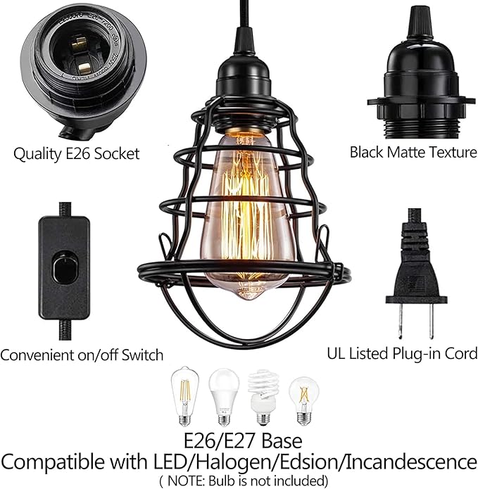 Asnxcju Industrial Plug in Pendant Light Vintage Hanging Cage Pendant Lighting E26 E27 Mini Pendant Light Edison Plug in Light Fixture On/Off Switch 2 Pack
