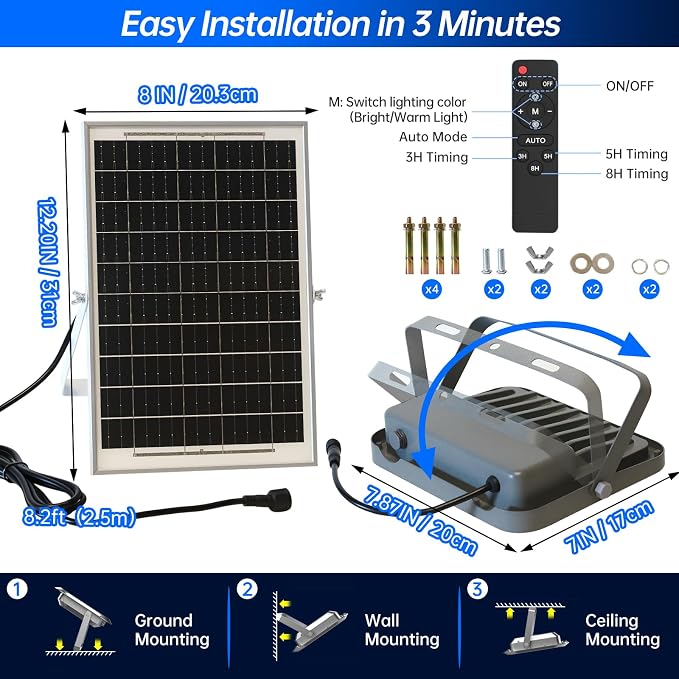 Solar Flood Lights Outdoor Waterproof - 5000 Lumen Dual-color LED Lights Dawn to Dusk,Heavy Duty Aluminum Exterior Security Light with Remote Control,Bright Spot Light for Outside Wall, Patio, Yard