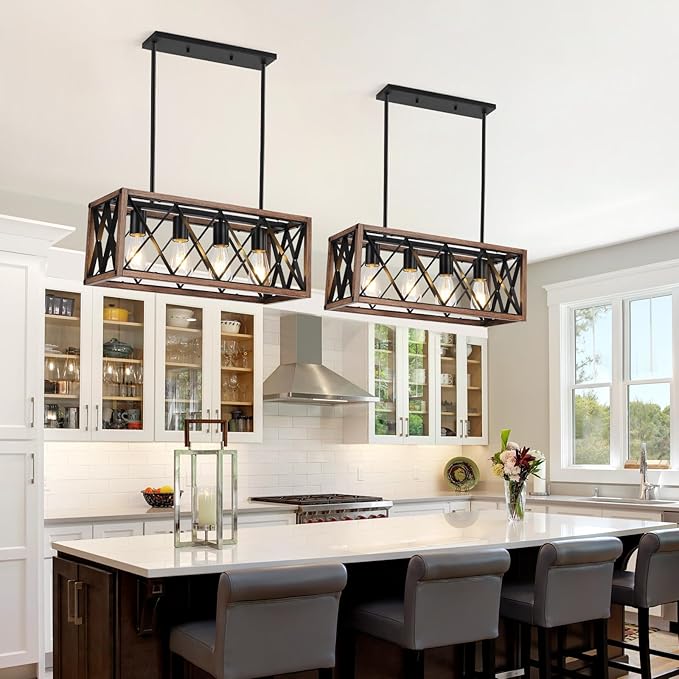 KEESFU 4-Light Farmhouse Linear Chandelier for Dining Room,Adjustable Rustic Pendant Light with Wood Grain Finish for Kitchen Island & Dining Table,Farmhouse Kitchen Lighting fixtures Ceiling.