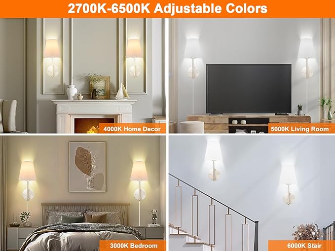 GOODATE Wall Sconces Set of Two with Remote Control, Dimmable, Adjustable Colors 2700-6500K, Plug in Wall Sconces with White Fabric Shades, Plug in Wall Light, Brushed Nickel