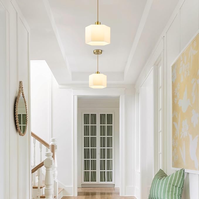 XSDeTu 1 Pack Milk Glass Pendant Lights Kitchen Island, Modern Gold Hanging Light Fixture, Mid-Century Hexagonal Ceiling Lamp, Mini Farmhouse Chandelier for Dining Room Sink Bathroom Bedroom Hallway