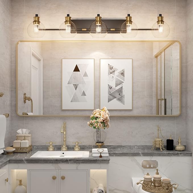 Tipace Vintage Vanity Light Fixture,5-Light Industrial Black & Gold Bathroom Lighting with Globe Clear Glass Shades Farmhouse Bath Lighting (Exclude Bulb)