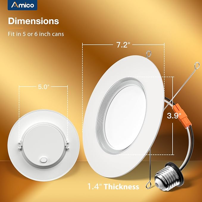 Amico 12 Pack 6 inch 5CCT LED Recessed Lighting with Night Light, 12.5W=100W, 1000LM Can Lights with Baffle Trim, Dimmable, Retrofit Downlight, 2700K/3000K/3500K/4000K/5000K Selectable - ETL & FCC