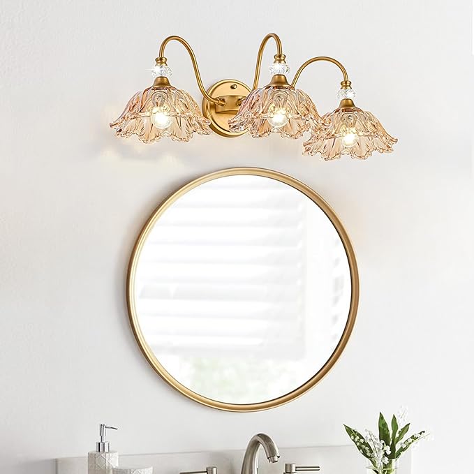 Vintage Bathroom Vanity Light, 3-Light Matte Brass Finish Vanity Light with Flower-Shaped Amber Glass Shades, Retro Wall Sconce for Bathroom, Dressing Table