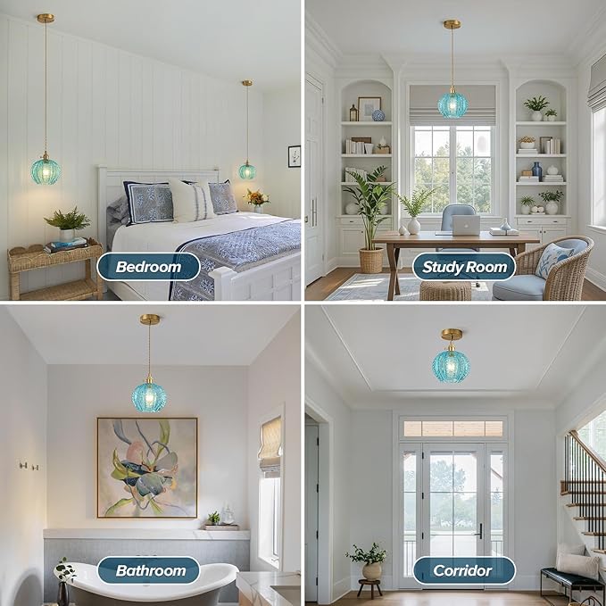 Blue Vintage Glass Ceiling Pendant Light Modern Small Globe Pendant Lights Hanging Light Fixture Applicable Staircases Lighting for Kitchen Sink Dining Room Bedroom Dining Room