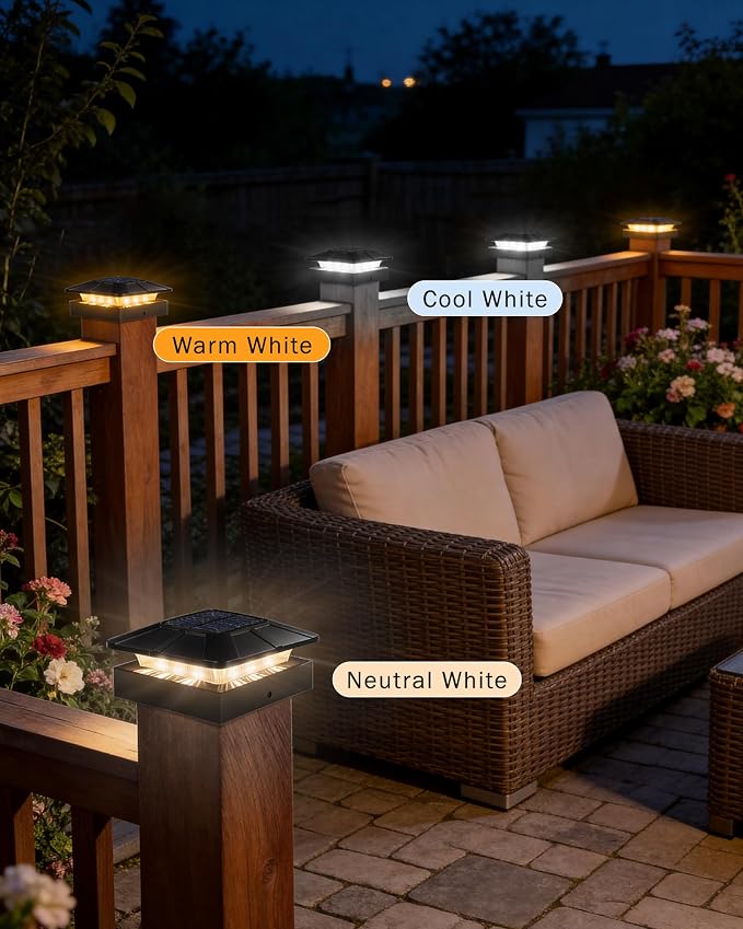 4x4 Post Solar Lights, 3 Colors Solar Fence Lights, 2 Brightness Solar Post Cap Lights Waterproof, Deck Lights for Wood/Vinyl Posts, Garden, Patio, Stripe Light, 2 Pack