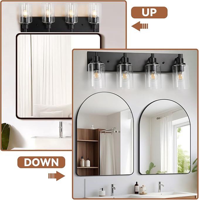 LOUSACE 4 Light Bathroom Vanity Light, Matte Black Bathroom Lighting Fixtures with Clear Glass Shade, Modern Vanity Wall Sconces over Mirror, Farmhouse Black Bath Light Fixture for Bedroom Living Room