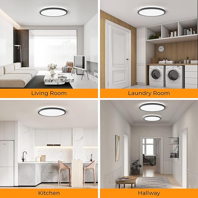 Matane 6Pack 12 inch LED Flush Mount Ceiling Light, 24W Ceiling Light Fixture 3000K/4000K/5000K Selectable, Low Profile Ceiling Lights for Bedroom, Living Room, Laundry, Black