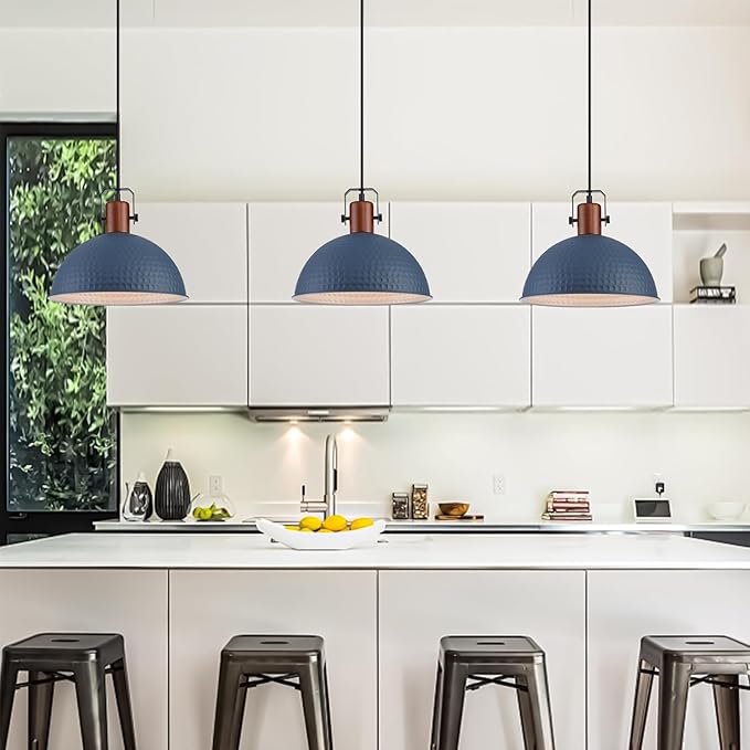 12 Inch Blue Pendant Lights Hammered Matte Pendant Lights for Kitchen Island Industrial Farmhouse Adjustable Height Dome Hanging Light Fixtures for Barn, Dining Room 1 Pack