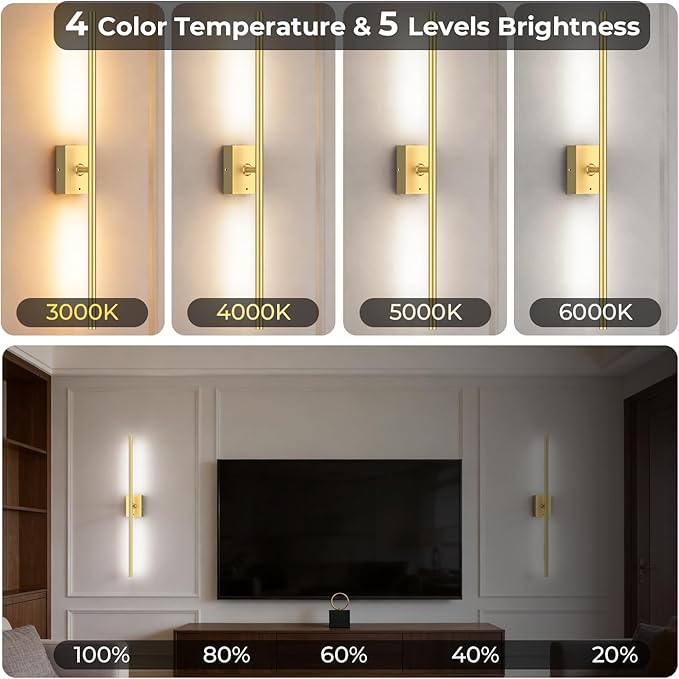 Battery Operated Wall Sconce Set of Two - 10000mAh Cordless Rechargeable Wall Sconces with Remote & Touch Control, 360°Rotate, 4CCT Dimmable Gold Wall Lights for Bedroom Living Room, 31.5 inch