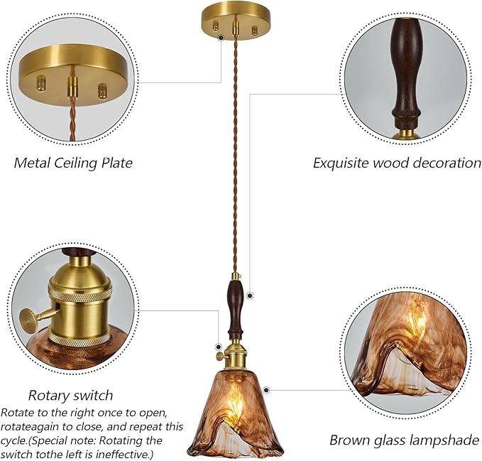 Amber Glass Vintage Pendant Light Height Adjustable Handmade Glass Pendant Lights Kitchen Island Gold Hanging Light Fixture with Wood Handle for Bedroom Dining Room Hotel (2 Pack)
