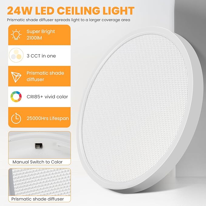 2 Pack Led Ceiling Light - 12 Inch, 24W, Flat, 3 Color Temperature Select, Round, White - LED Flush Mount Light Fixtures for Bedroom