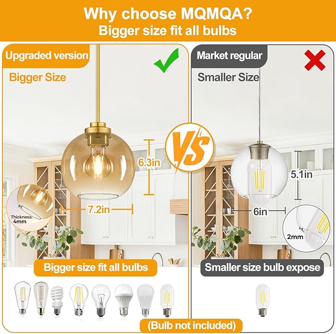 MQMQA 2 Pack 7.2-Inch Globe Pendant Lights, Mid Century Gold Pendant Light Fixtures, Amber Glass Pendant Lights Kitchen Island Adjustable Hanging Fixture for Dining Room Bulbs not Included