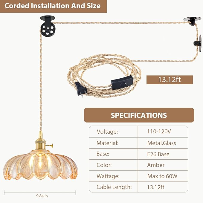 Plug in Pendant Light Fixtures, Hanging Light Fixture Glass Pendant Light, Vintage Amber Hanging Lamp, Pendant Lighting for Kitchen Island, Bedroom, Dining Room, Living Room