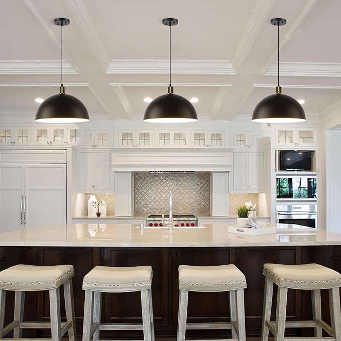 Black Pendant Light Fixtures 2 Pack, 15.7 Inch Large Dome Pendant Lighting Farmhouse Vintage Chandelier for Kitchen Island Dining Room