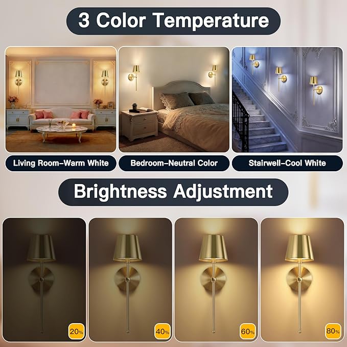 TaoFiaCo Battery Operated Wall Sconces Set of 2, Wireless Wall Sconce with Remote Dimmable Timer, Rechargeable 5200mAh, Cordless Gold Wall Light for Bedroom Living Room, Hallway, Light Decor