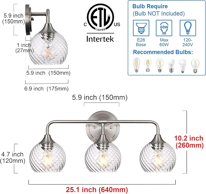 MELUCEE 3 Lights Modern Vanity Lights Over Mirror, Brushed Nickel Bathroom Lighting Fixtures with Clear Striped Swirl Glass Shade, Metal Wall Mount Lamp for Mirror, Bathroom Living Room Workshop