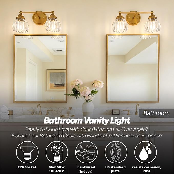 Vintage Double Arm Tulip Glass Wall Sconce Lighting, 2-Lights Bathroom Vanity Light Fixture for Hallway Bedroom Living Room Bedside Nightstands Lights