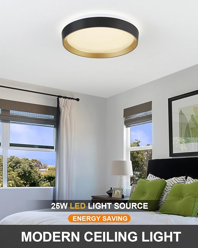 ANYLOVE 10 Inch Modern Flush Mount Ceiling Lights,White Gold Plastic Round Ceiling Light,Dimmable 3000K,3500K,4000K,5000K,6000K,for Living Room,Dining Room,Bedroom,Kitchen (Black and Gold, 10 Inch)