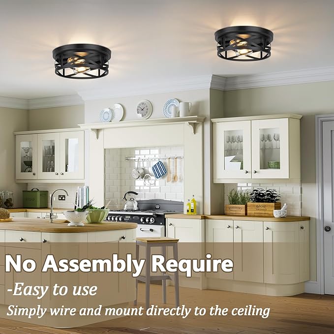 Bosceos 2-Light Flush Mount Ceiling Light Fixtures, 2-Pack Farmhouse Black Ceiling Lights, Industrial Metal Cage Light Fixtures with Adjustable Head for Bedroom Hallway Kitchen