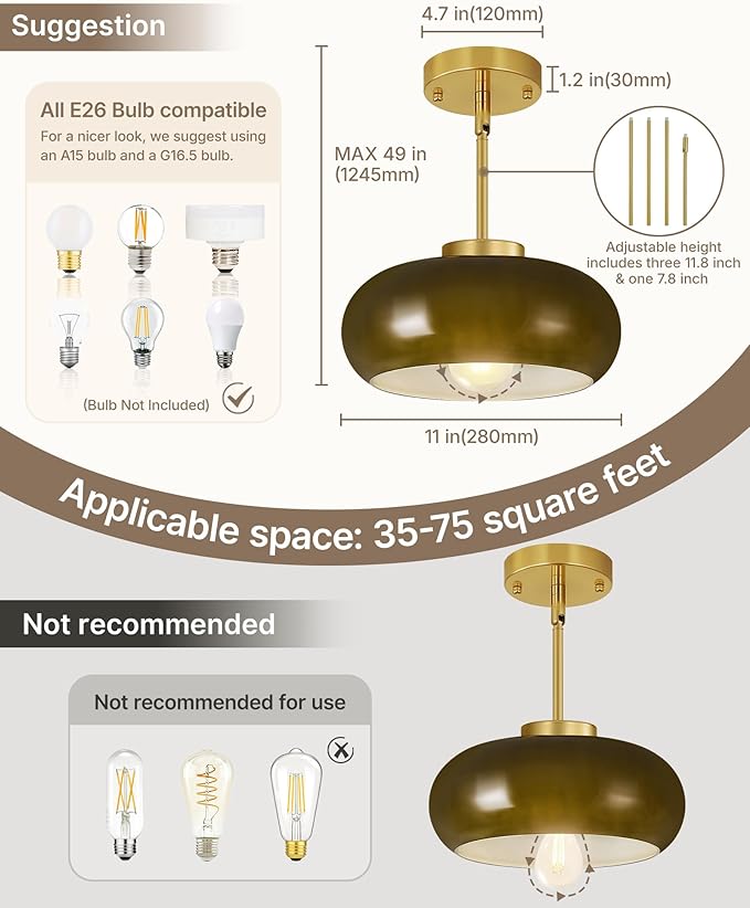 Yunnix Semi Flush Mount Ceiling Light, Gold Light Fixture, Mid-Century Modern Farmhouse Green Glass Small Light Fixtures for Hallway, Bathroom, Kitchen, Bedroom, Living Room, Closet, Laundry