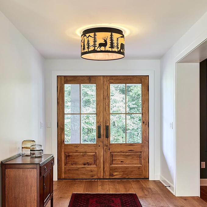Rustic Flush Mount Ceiling Light with Deer and Bear Elements,2-Light E26 Bulbs Round Metal Parchment Lampshade Fixture for Farmhouse, Kitchen, Bedroom, foyer, and Entryway