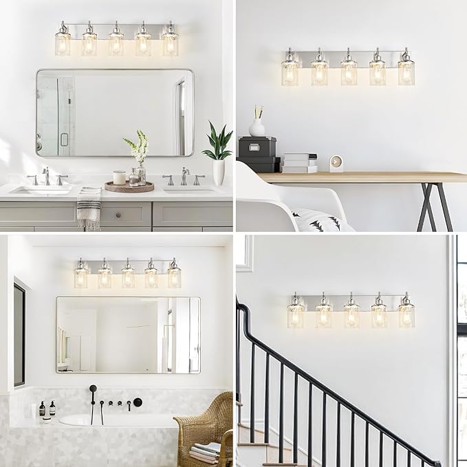 Lanhall 5-Light Brushed Nickel Bathroom Light Fixture Over Mirror Modern Bathroom Vanity Light Vintage Wall Lighting with Clear Glass Shade for Bathroom, Bedroom, Hallway, Cabinet