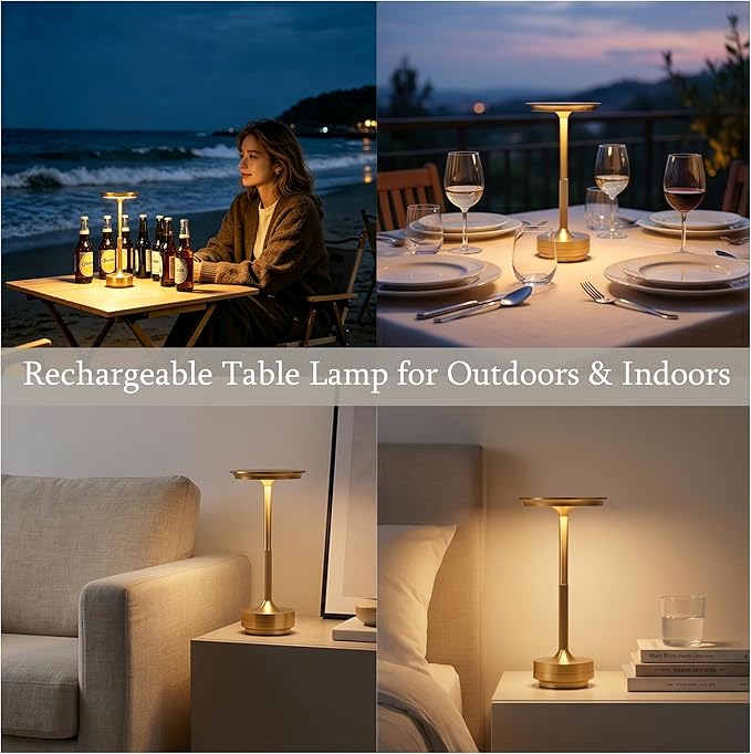 Rechargeable Cordless Table Lamp Set of 2, Portable Battery Operated LED Table Light, 3 Color Stepless Dimming with Touch Sensor & Memory Function for Outdoor Patio Restaurant Dining Room,Gold