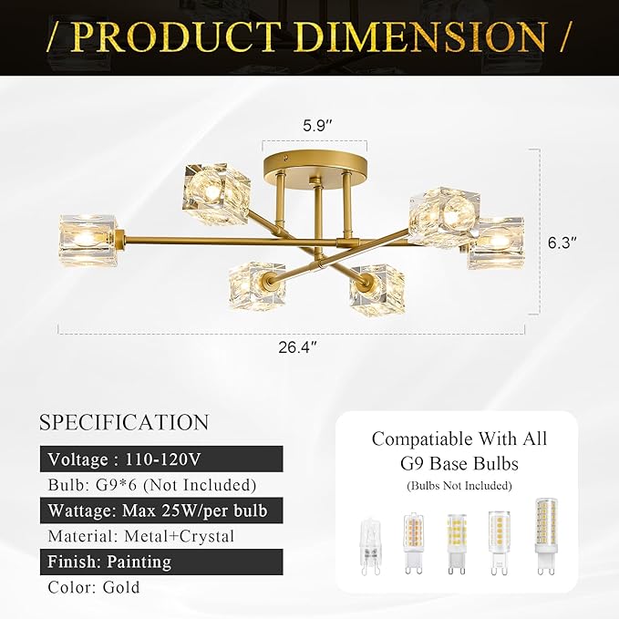 Modern Crystal Semi Flush Mount Ceiling Light Gold Sputnik Chandeliers 6 Lights Industrial 26" Chandelier for Foyer Entryway Kitchen Bedroom Living Room Dining Room