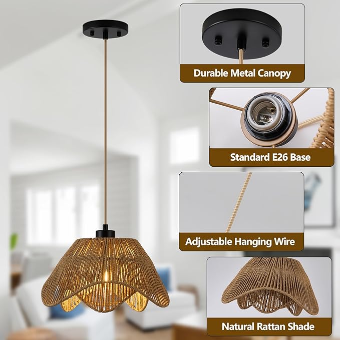 Rattan Pendant Light Fixtures,1 Light Boho Hanging Light, Farmhouse Hand Woven Wicker Chandelier, Adjustable Flush Mount Ceiling Hanging Lamp for Bedroom Dining Room Kitchen Island Hallway