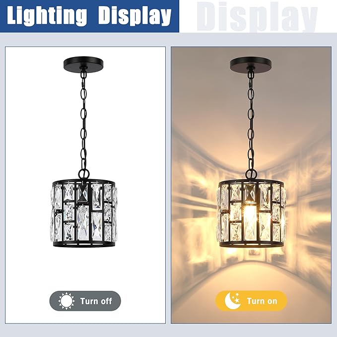 MEXO Modern Crystal Pendant Light,Black Chandelier Light Fixture, Cylinder Adjustable Height Pendant Lights for Kitchen,Dining Room,Living Room,Foyer,Hallway