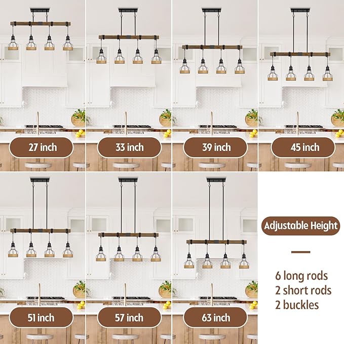 Kitchen Island Lighting Ceiling 4-Light Dining Room Light Fixture Hanging, Rustic Linear Chandelier with Solid Wood Modern Kitchen Pendant Light Over Island Farmhouse Dining Light Metal Lampshade