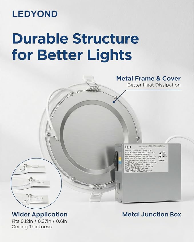 LEDYOND 6 Inch Recessed Lightings 12 Pack, 1200LM Ultra-Thin LED Wafer Downlights with Metal Frame, Iron Junction Box, 5CCT Selectable 2700-5000K, CRI90 Dimmable Canless Ceiling Light, Energy Star