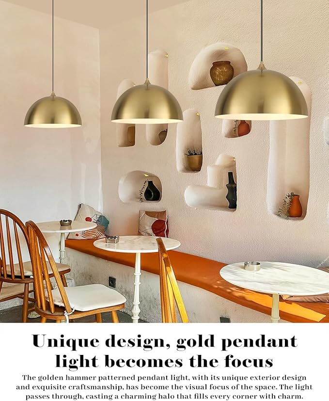 Gold Pendant Lights Kitchen Island, 16 Inch Gold Dome Pendant Light, Modern Farmhouse Pendant Light for Kitchen Island, Dining Room, Cafe, Bar, 2 Pack