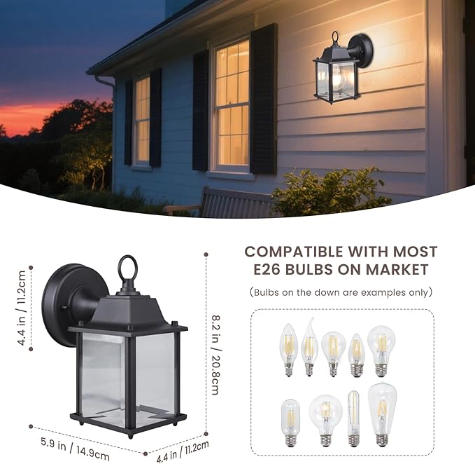 Classic Black Aluminum Wall Lamp – Wet Location Outdoor Fixture, Die-Cast Aluminum & Tempered Glass, E26 Base (60W Max) for Porch, Garage, Garden (Single Pack