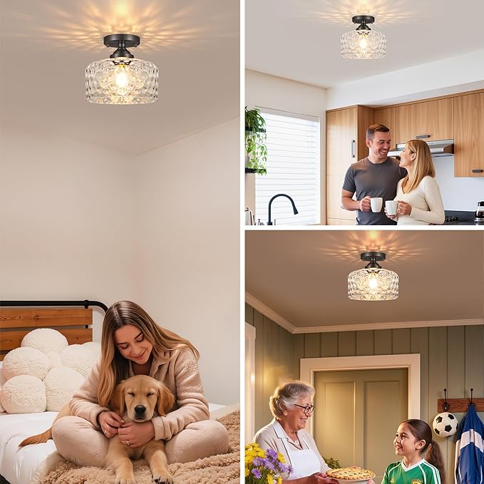 Small Semi Flush Mount Ceiling Light Fixture, Vintage Black Close to Ceiling Lighting with Hammered Glass Shade for Hallway, Kitchen, Entryway (Retro Design, Easy Install)