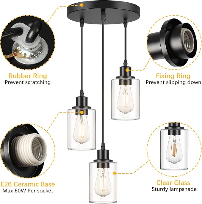 MAXvolador Industrial 3-Light Pendant Light, Adjustable Hanging Light Fixture with Clear Glass Shade, Pendant Lighting E26 Base Ceiling Lamp, Black