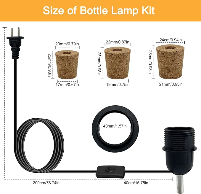 2 Pcs DIY Bottle Lamp, Bottle Lamp Holder Adaptor, Wine Bottle Light Kit, E26/E27 Base, 3 Sizes Stopper Works with Wine Bottle or Any Other Glass Liquor Bottles