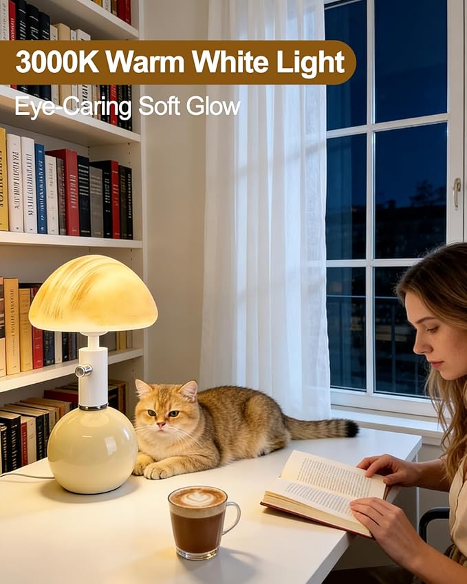 Lightdot Mid Century Modern Stepless Dimmable Table Lamp Ceramic 3000K Warmwhite Desk Lamp with Mushroom-Shaped Shade for Living Room Bedroom Bedside Nightstand Office Home Reading