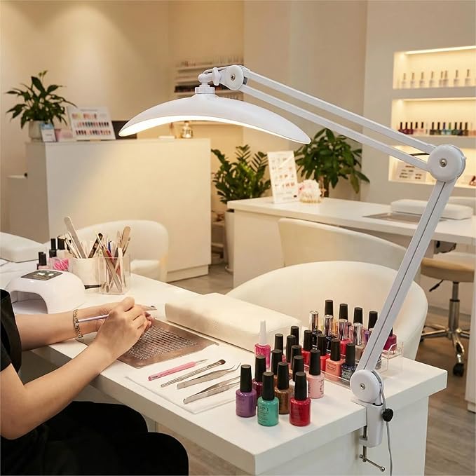 48W Eye-Caring LED Clip On Desk Lamp, 2700K/4200K/5600K with Remote, Curved Design for Focused Lighting, CRI 95+ for Nail, Crafting, Painting, Hobby & Computer