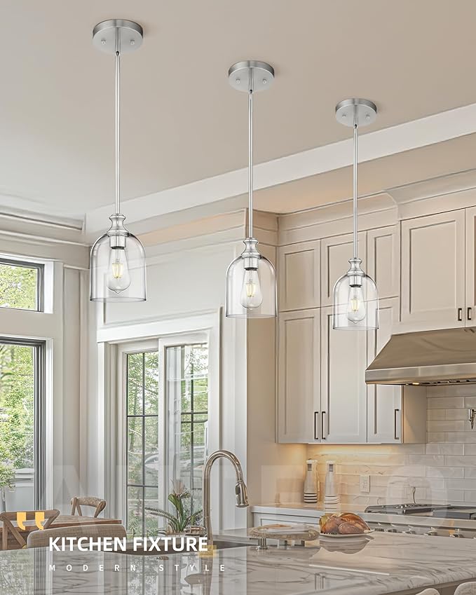 AUTELO 2 Pack Brushed Nickel Pendant Lights, Glass Pendant Lights Kitchen Island with Clear Cylinder Glass, Industrial Pendant Lighting with Adjustable Rods, H2511 CLST 2PK