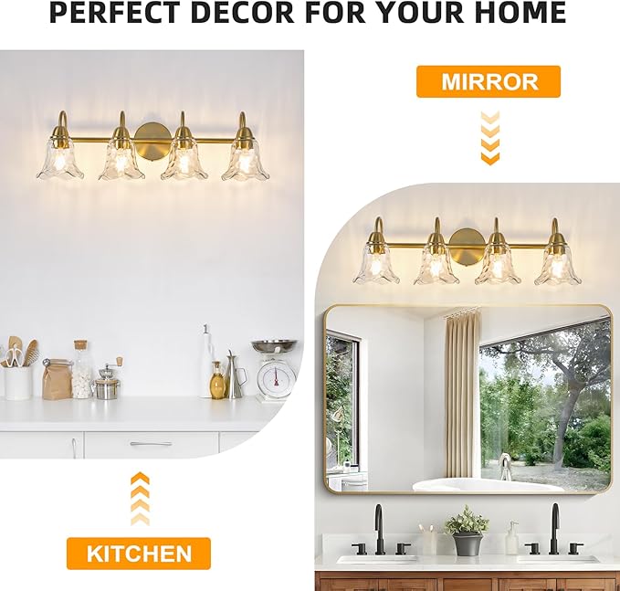 Bathroom Light Fixtures Over Mirror, 4 Lights Vintage Wall Sconces with Hammered Glass Shade, 26.8" Gold Bathroom Wall Light Fixtures for Bedroom, Porch, Hotel, Mirror Cabinet